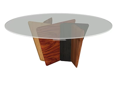 Modern Round Dining Table With Glass Top And Geometric Wooden Legs 3d model