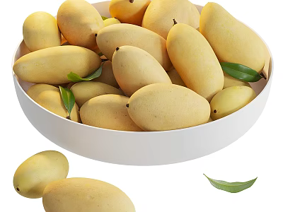 White ceramic bowl filled with fresh ripe mangoes and green leaves 3d model