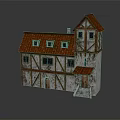 Cartoon Scene of Medieval Style House With Red Roof Wooden Frame And Small Tower