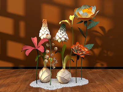Colorful Floral Display With Orange White Pink Flowers In Spherical Vases On White Pebble Base 3d model