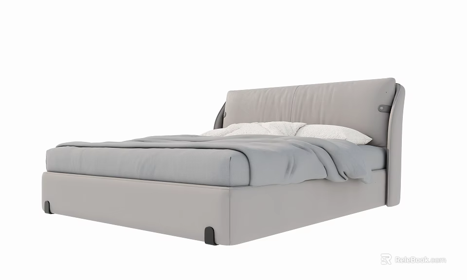 Modern Gray Double Bed With Upholstered Headboard Comforter And Pillows 3d model