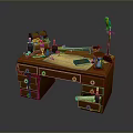 Vintage Wooden Desk with Drawers Table Lamp Notebook and Parrot Ornament