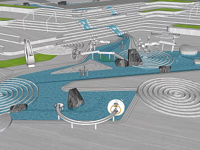 Modern Landscape Design With Blue Water Pool Spiral Structures Rock Decorations And Walkways 3d model