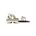 Modern Beige L Shaped Sofa And Gold Metal Round Coffee Table Set With Green Plant