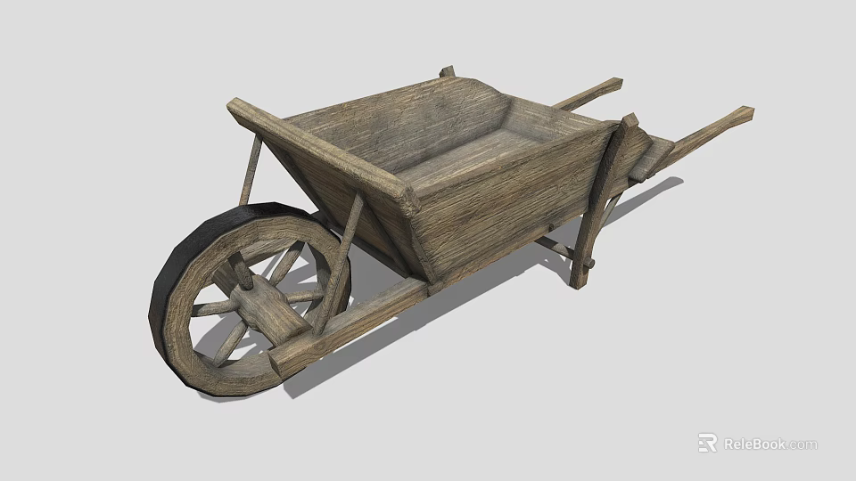 Vintage Rustic Wooden Wheelbarrow With Sturdy Structure And Large Wooden Wheel Design 3d model 