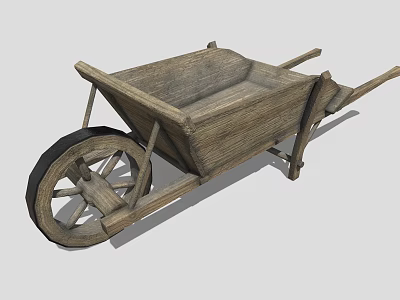 Vintage Rustic Wooden Wheelbarrow With Sturdy Structure And Large Wooden Wheel Design 3d model