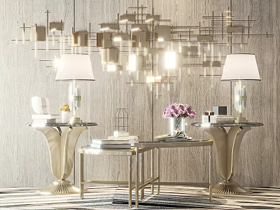 Modern Coffee Table With Metal Frame Table Lamps Purple Flowers Books And Decorative Wall Art 3d model