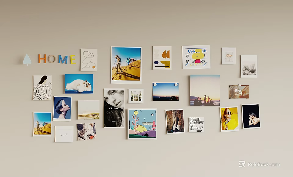 Creative Photo Wall Decor With Various Pictures And HOME Letter Art 3d model 