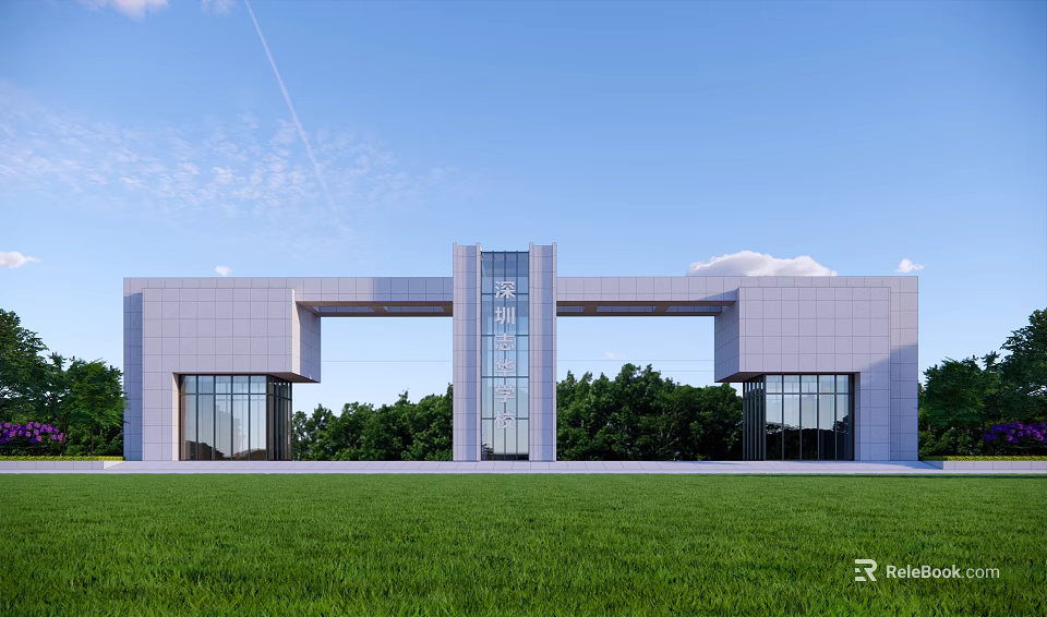 Modern School Building Gate Featuring Glass Curtain Walls Lawn Trees And Blue Sky 3d model 