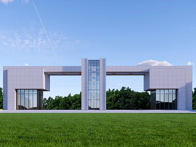 Modern School Building Gate Featuring Glass Curtain Walls Lawn Trees And Blue Sky 3d model