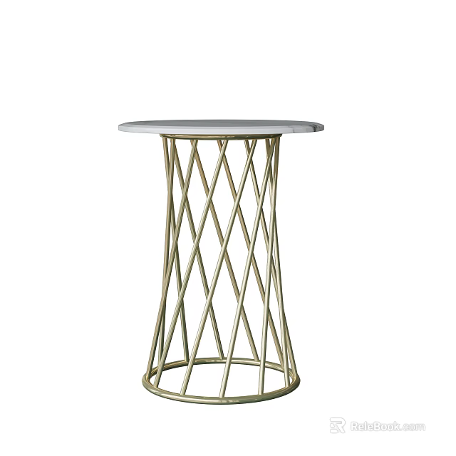 Modern Gold Metal Frame Side Table With Round Marble Top And Crisscross Design 3d model 