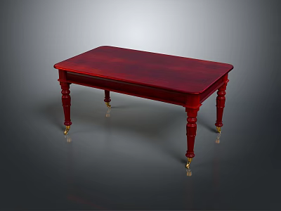 Red Rectangular Table with Elegant Wooden Legs and Golden Casters Classic Furniture Design 3d model
