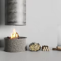 Modern Style Stone Base Fireplace With Burning Fire And Stacked Firewood