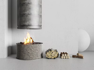 Modern Style Stone Base Fireplace With Burning Fire And Stacked Firewood 3d model