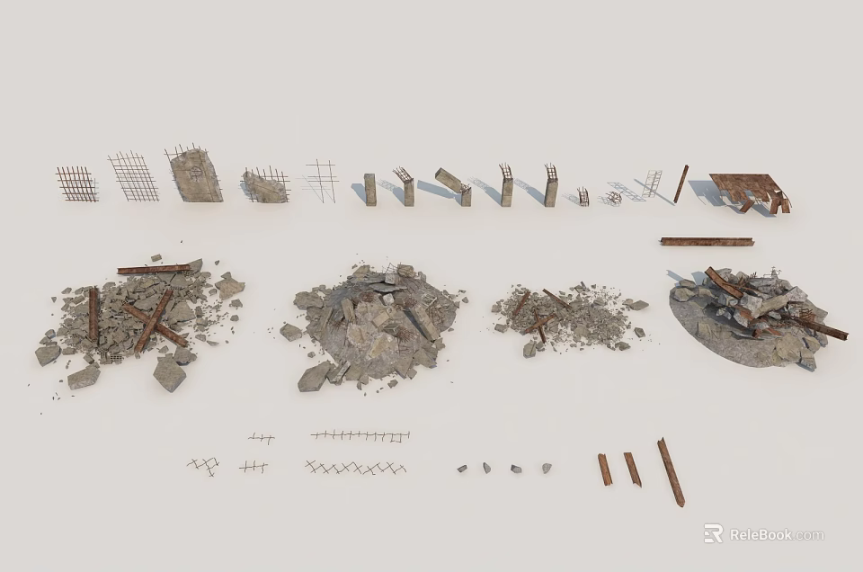 Various Construction Components Including Reinforcement Bars Concrete Blocks Metal Rods And Debris 3d model 