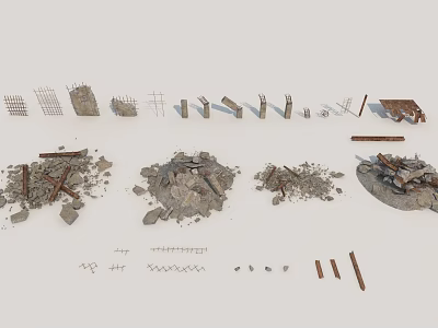 Various Construction Components Including Reinforcement Bars Concrete Blocks Metal Rods And Debris 3d model