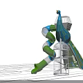Kids Play Area With Peacock Shaped Design Blue Green Slides And Metal Mesh Climbing Structure