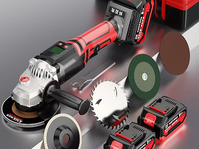 Cordless Angle Grinder With Various Cutting Grinding Discs And Batteries 3d model