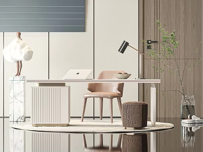 Modern Minimalist Home Office Interior With Marble Desk Laptop Chair Table Lamp And Green Plant 3d model
