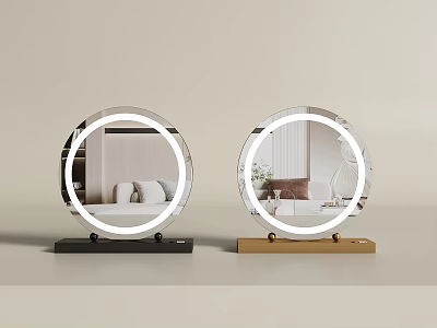 Round Vanity Mirrors With Ring Lights On Black And Brown Bases Reflecting Interior Scenes 3d model