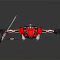 Red Robot Character In Armor Helmet With Blue Eyes Holding Sword And Small Aircraft