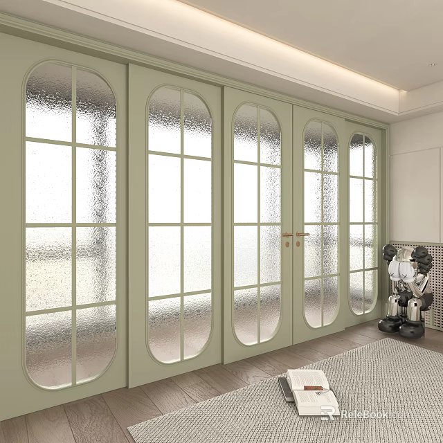Light Green Modern Sliding Doors With Arched Top And Textured Glass Panels 3d model 