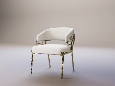 Elegant White Upholstered Single Chair With Curved Backrest And Gold Twisted Legs 3d model