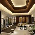 Modern Lobby Interior Design With Glass Doors Decorative Paintings Pine Tree And Stone Ornaments