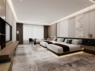 Hotel Guest Room Interior With Twin Beds Decorative Wall Art And Spacious Carpeted Floor 3d model