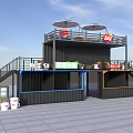 Container Building Two Story Structure With Outdoor Seating Umbrellas And Shops 3d model