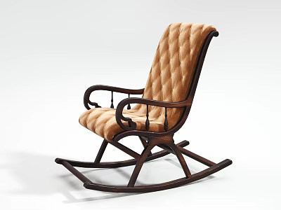 Classic Rocking Chair with Dark Brown Wooden Frame and Beige Tufted Cushion 3d model