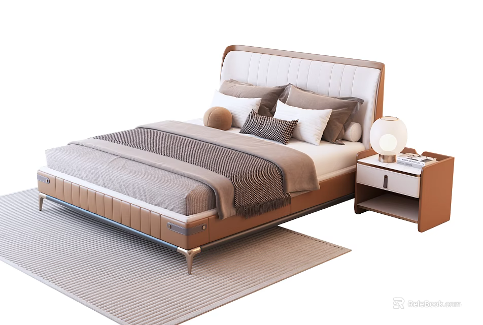Modern Double Bed With Upholstered Headboard Pillows Brown Blanket Wooden Nightstand And Light Gray Rug 3d model 