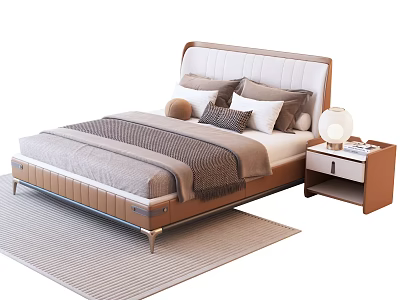 Modern Double Bed With Upholstered Headboard Pillows Brown Blanket Wooden Nightstand And Light Gray Rug 3d model