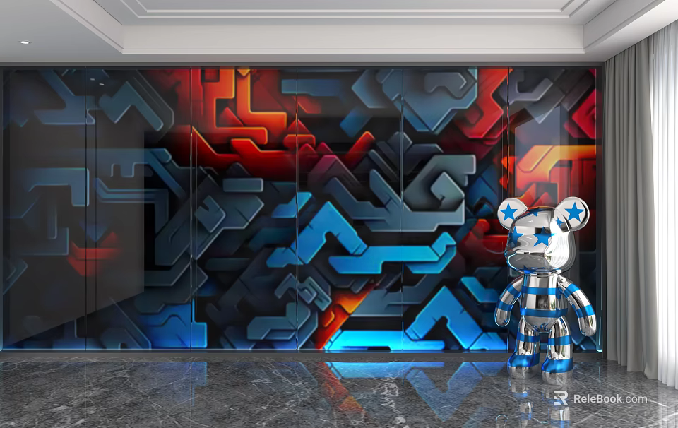Modern Artistic Background Wall with Red and Blue Geometric Patterns 3D Metallic Texture Design 3d model 