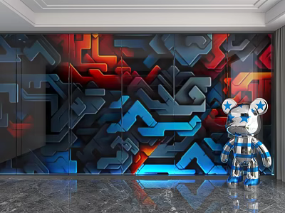 Modern Artistic Background Wall with Red and Blue Geometric Patterns 3D Metallic Texture Design 3d model