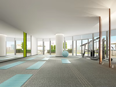 Spacious Fitness Studio With Blue Yoga Ball Yoga Mats Floor to Ceiling Windows And Equipment 3d model