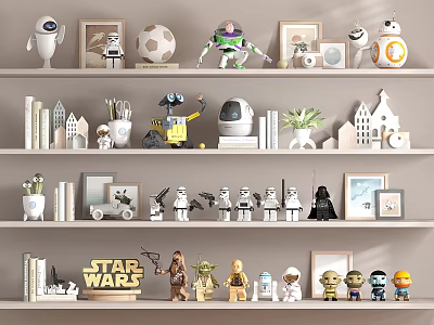 Star Wars Toy Figurines And Decorative Items On Shelf Display Setup 3d model