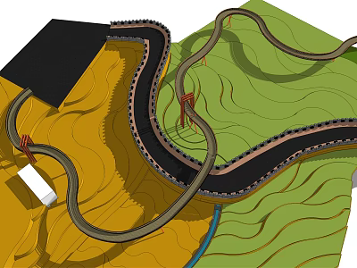Road Infrastructure Design With Winding Path Bridge Structure And Green Terrain 3d model