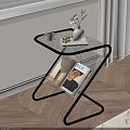 Modern Side Table with Metal Frame Glass Top Vase Pink Flowers Mug and Magazines