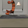 Stylish Outdoor Chair Featuring Curved Backrest Armrests Black Metal Frame And Orange Red Stripes