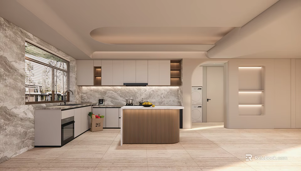 Modern Kitchen Interior Design With White Cabinets Marble Countertops And Island 3d model 