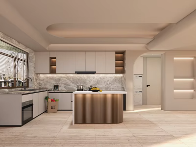 Modern Kitchen Interior Design With White Cabinets Marble Countertops And Island 3d model