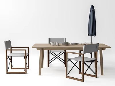 Modern Wooden Dining Table Set With Four Gray Chairs And Black Umbrella 3d model
