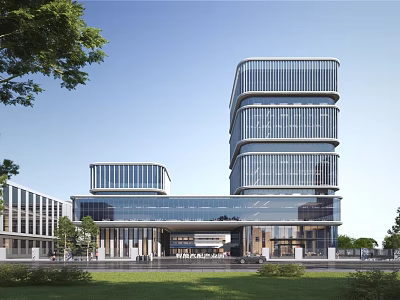 Modern Commercial Street With Glass Curtain Walls Tall Buildings Greenery And Pedestrians 3d model