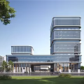 Modern Commercial Street With Glass Curtain Walls Tall Buildings Greenery And Pedestrians