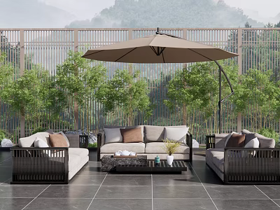 Outdoor Sofa Setup With Umbrella Coffee Table And Green Plants 3d model