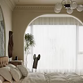 Modern Bedroom Interior Design With Arched Leaf Pattern Wallpaper Upholstered Headboard Pendant Lights And Wardrobe