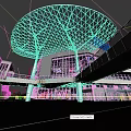 Modern Shopping Mall Exterior With Glass Facade Geometric Mesh Roof And Walking Pedestrians