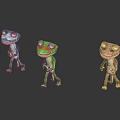 Colorful Blue Green Brown Cartoon Frog Characters Standing On Dark Reflective Background