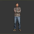Man In Plaid Shirt Jeans And Sneakers Standing With Crossed Arms On Gray Background
